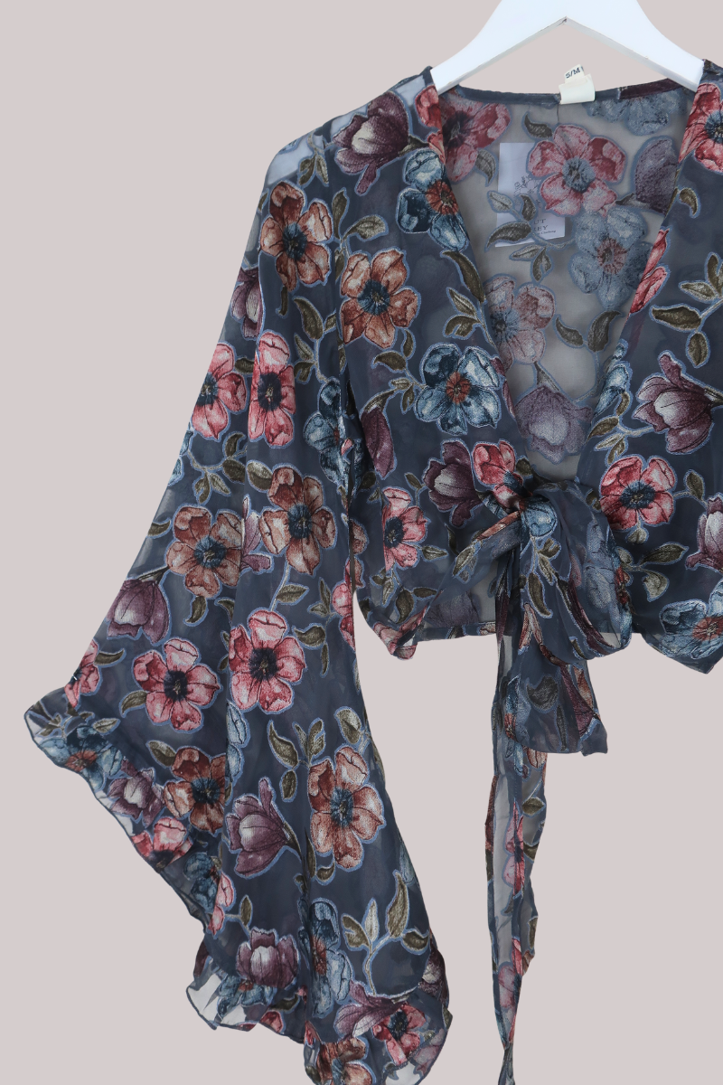 Venus Wrap Top in Pigeon Blue Floral Burn Out Velvet