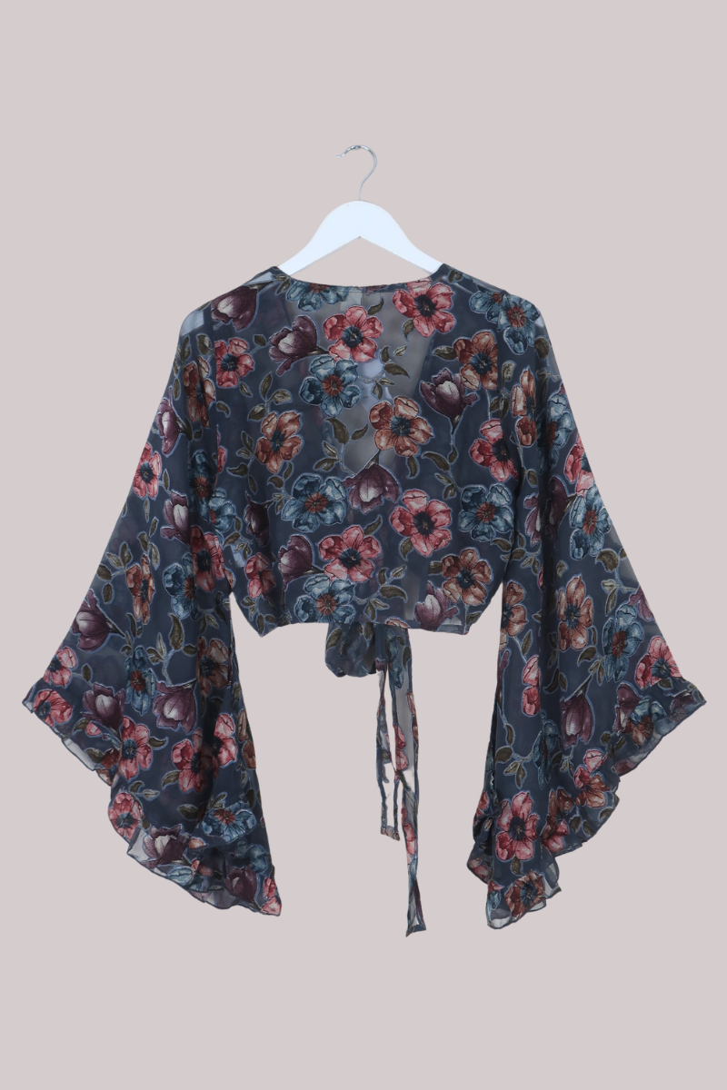 Venus Wrap Top in Pigeon Blue Floral Burn Out Velvet