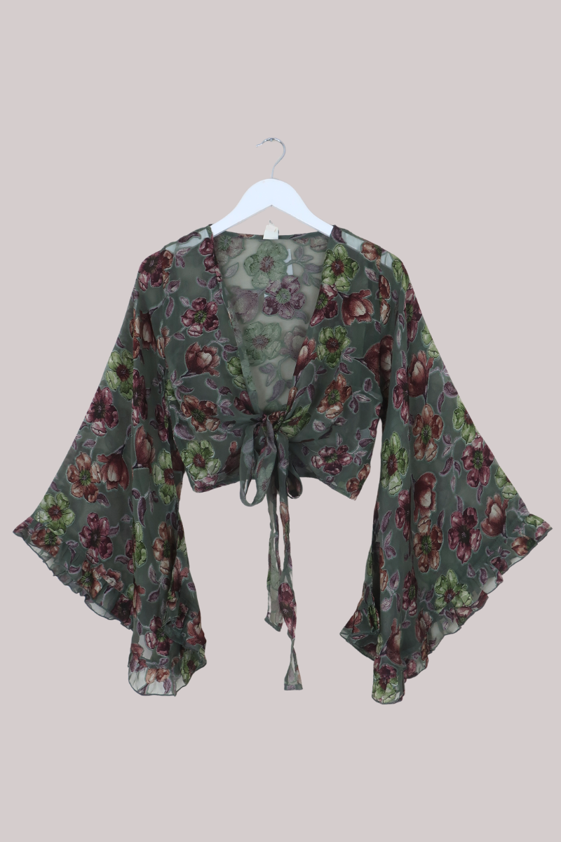 Venus Wrap Top in River Green Floral Burn Out Velvet