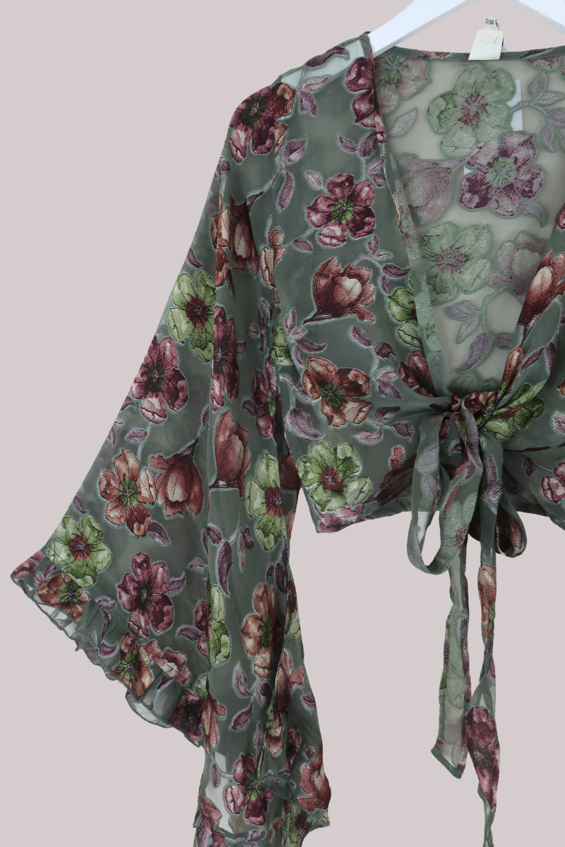 Venus Wrap Top in River Green Floral Burn Out Velvet