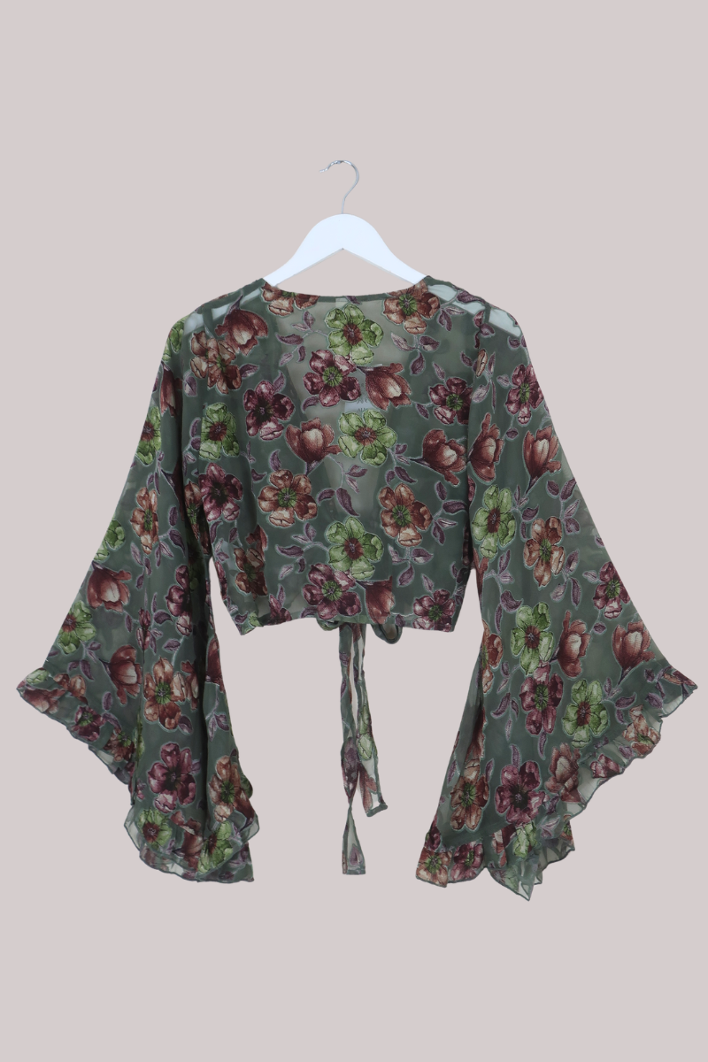 Venus Wrap Top in River Green Floral Burn Out Velvet