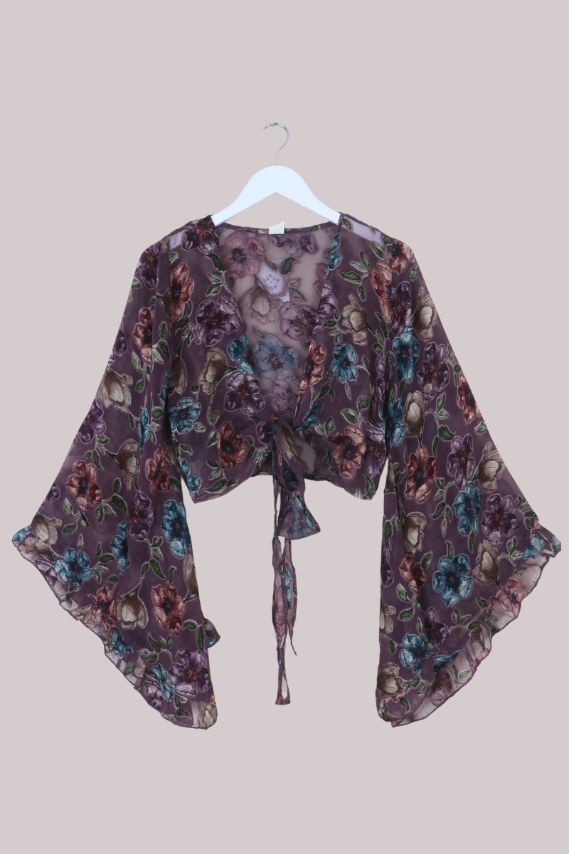 Venus Wrap Top in Thistle Purple Floral Burn Out Velvet