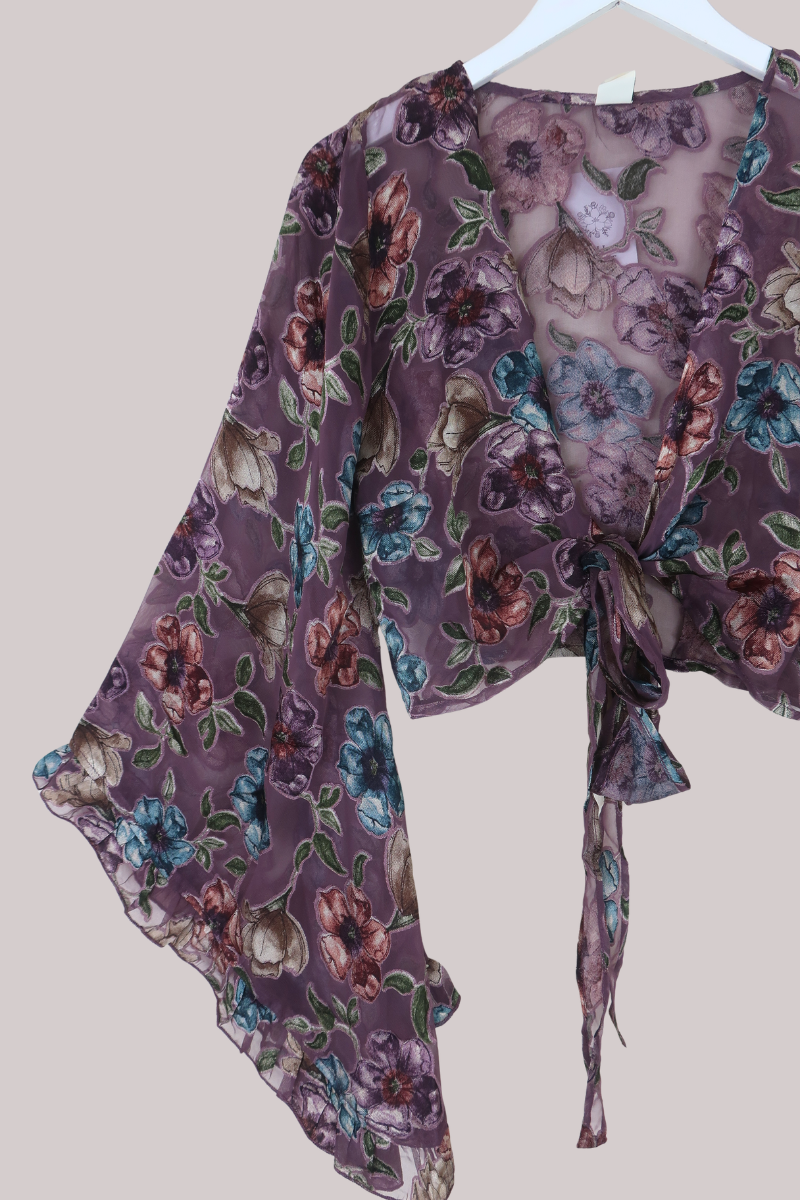 Venus Wrap Top in Thistle Purple Floral Burn Out Velvet