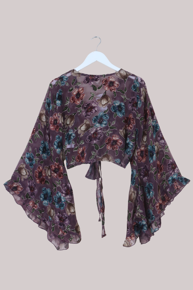 Venus Wrap Top in Thistle Purple Floral Burn Out Velvet