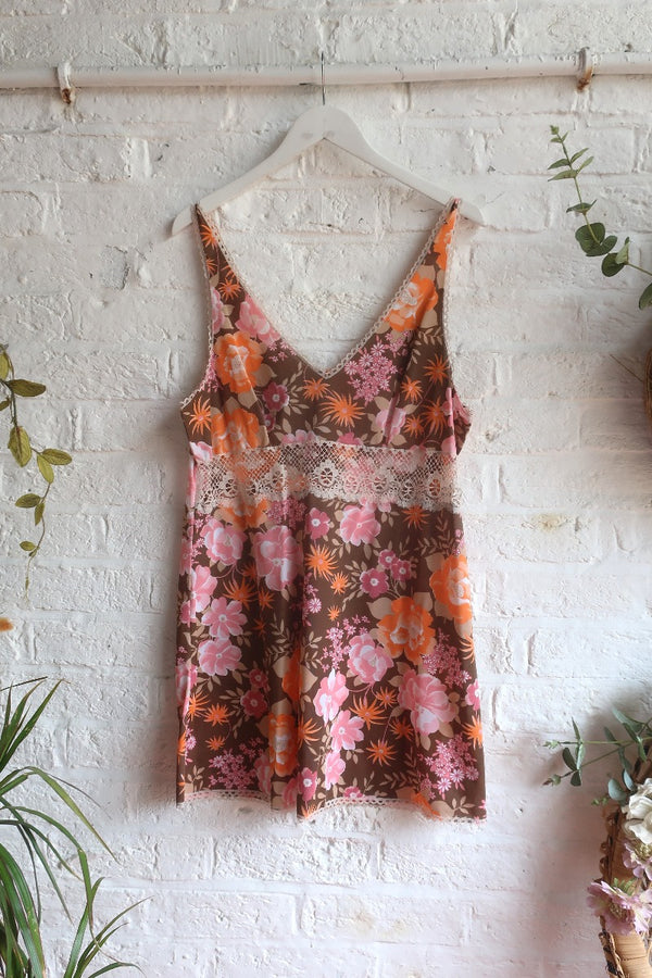 Vintage Dress - Pecan & Peach Floral Lace Mini - Size M/L by All About Audrey