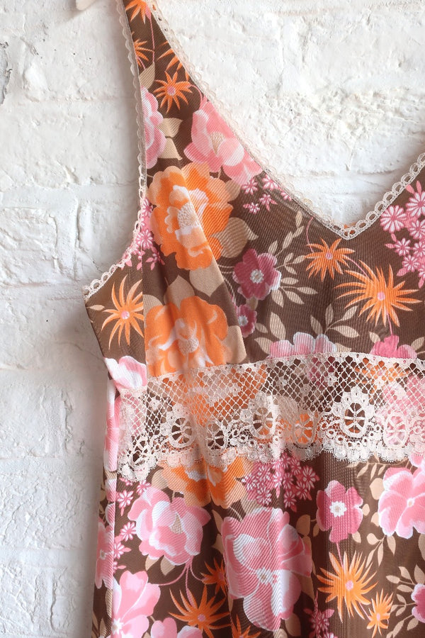 Vintage Dress - Pecan & Peach Floral Lace Mini - Size M/L by All About Audrey