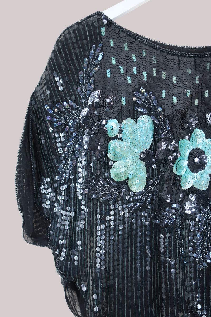 Vintage Top - Icy Teal Flowers - Free Size