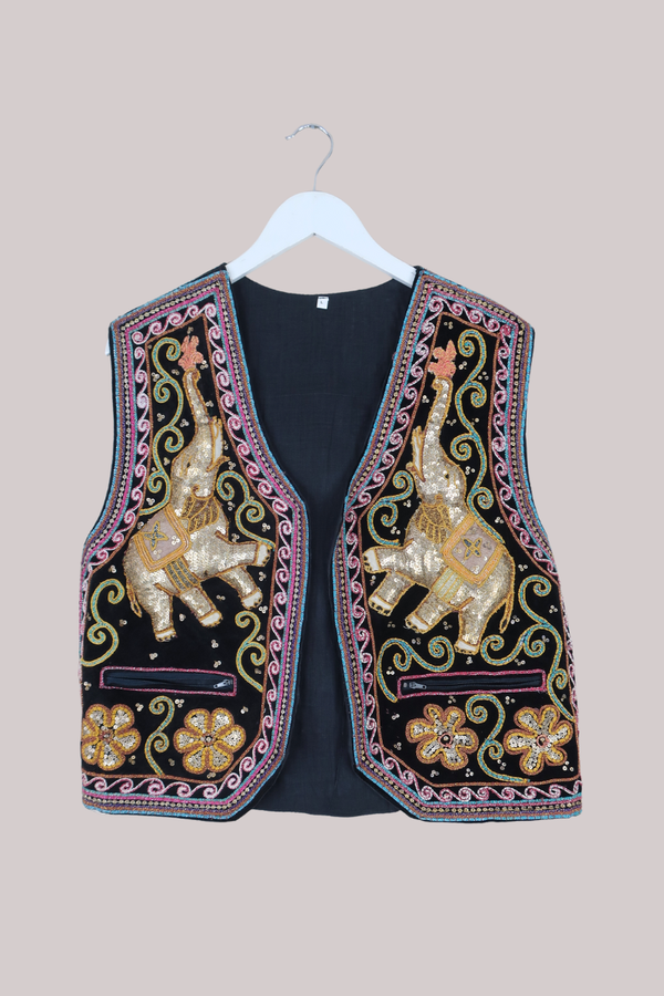Vintage Waistcoat - Sequin Elephant Tapestry - Size L