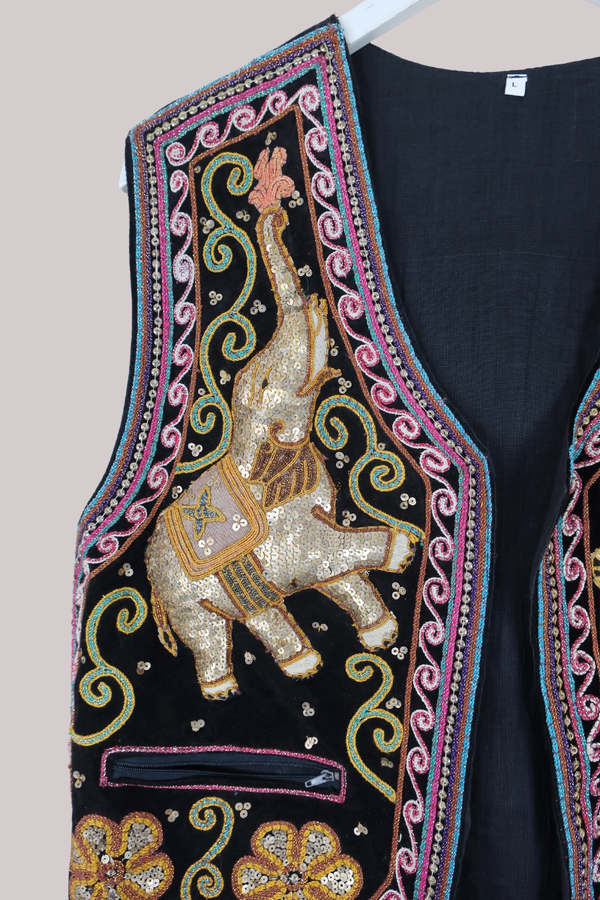 Vintage Waistcoat - Sequin Elephant Tapestry - Size L