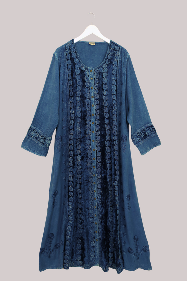 Indian Velvet Embroidered Kaftan in Marine Blue by All About Audrey