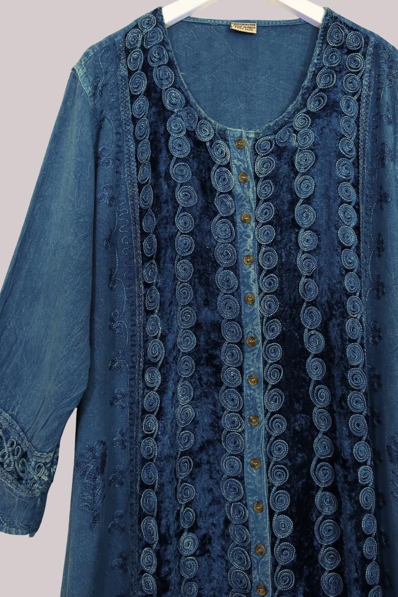 Indian Velvet Embroidered Kaftan in Marine Blue by All About Audrey