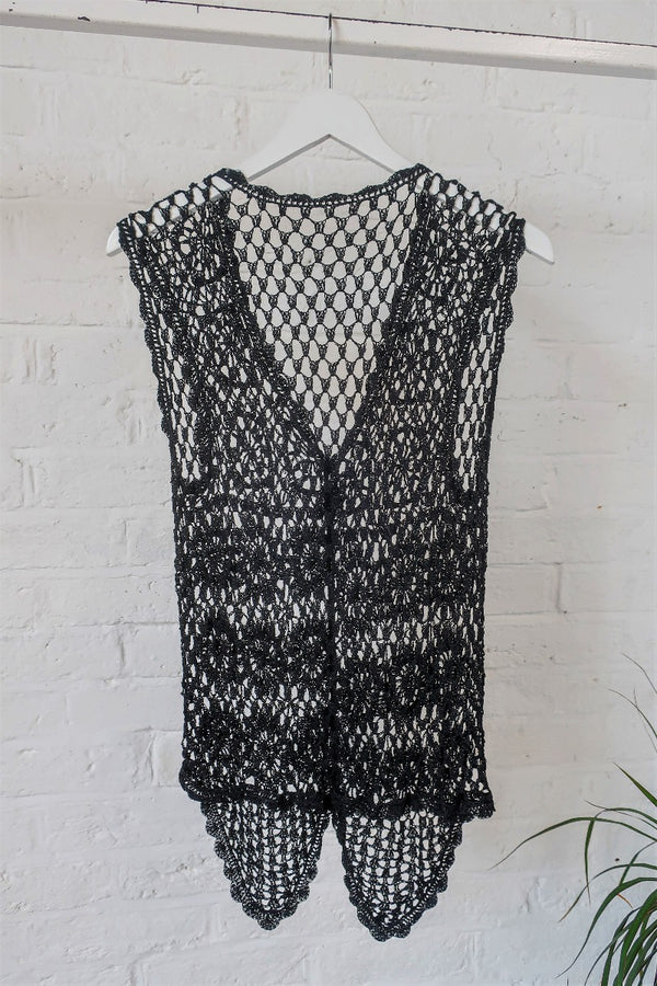 Vintage Waistcoat - Vampy Black Beaded Crochet - Size XS to M By All About Audrey