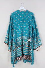 Karina Kimono Jacket - Vintage Sari - Turquoise & Ecru Bloom - Free Size XXL