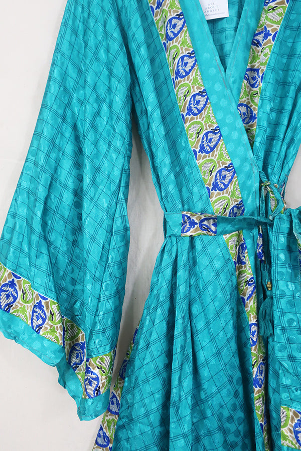 SALE | Karina Kimono Jacket - Vintage Sari - Turquoise Checkered Bloom - Free Size S by All About Audrey