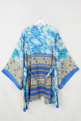 Karina Kimono Mini Dress - Vintage Sari - Marine Blue Mirage - Free Size XXL By All About Audrey