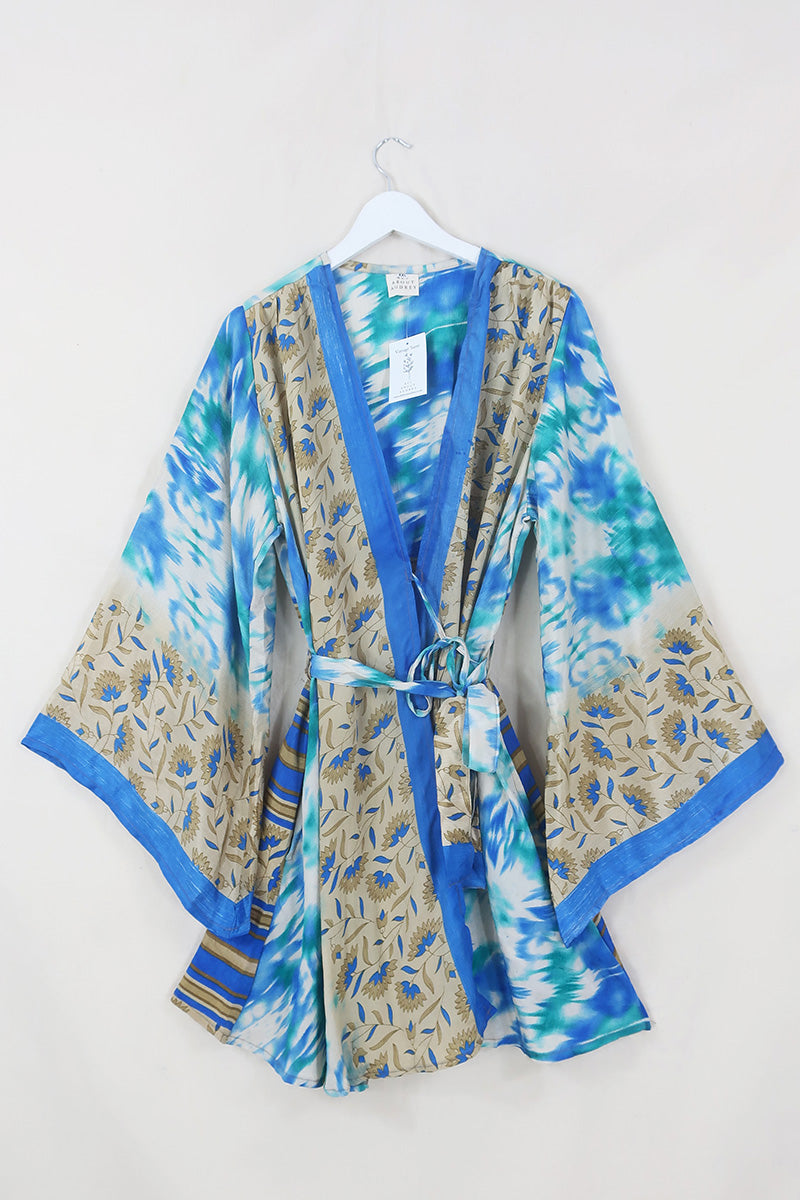 Karina Kimono Mini Dress - Vintage Sari - Marine Blue Mirage - Free Size XXL By All About Audrey