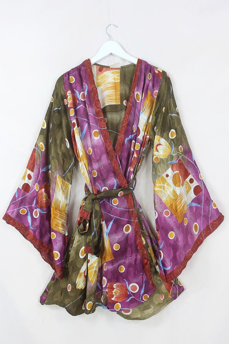 Karina Kimono Mini Dress - Vintage Sari - Mellow Cosmic Jam - Free Size L by All About Audrey