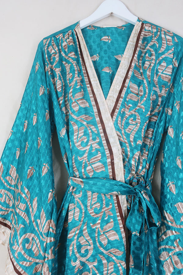 Karina Kimono Jacket - Vintage Sari - Turquoise & Ecru Bloom - Free Size XXL