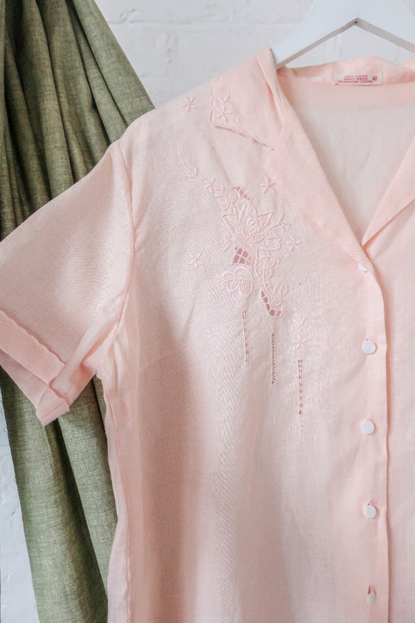 Vintage Blouse - Embroidered Petal Pink Linen - Size M/L By All About Audrey