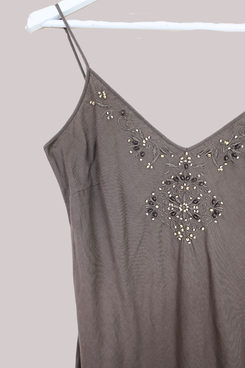 Vintage Midi Dress - Beaded Taupe - Size S/M