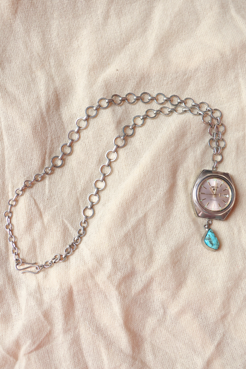Vintage Seiko Clock Statement Necklace with Turquoise