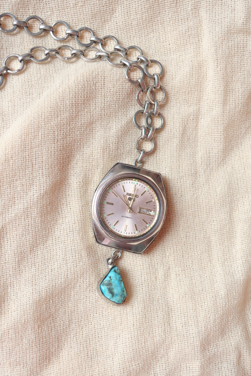 Vintage Seiko Clock Statement Necklace with Turquoise