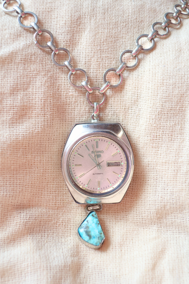 Vintage Seiko Clock Statement Necklace with Turquoise