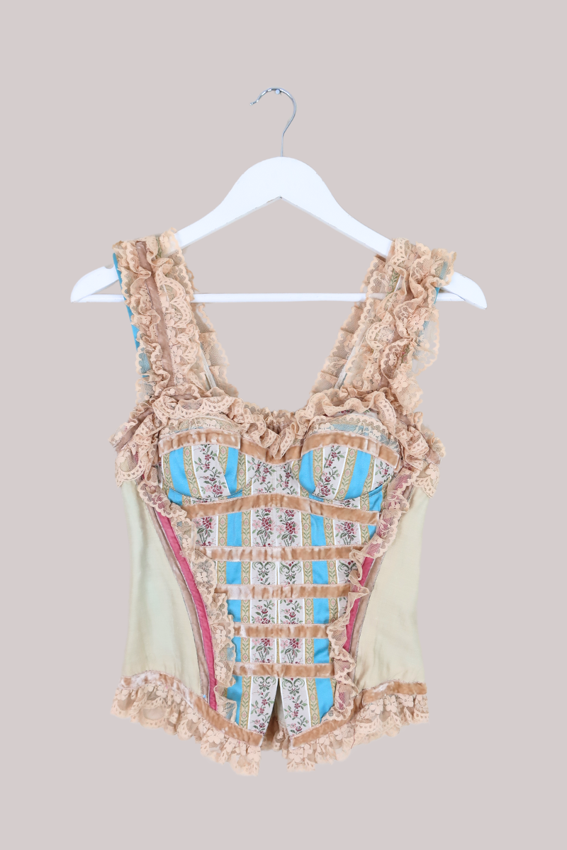 Vintage Handmade Boned Corset Top - Lacy Velvet Ribbons - XS by All About Audrey
