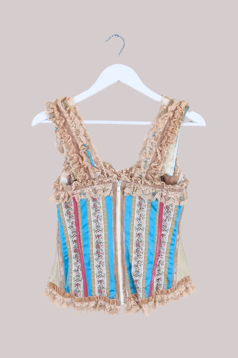 Vintage Handmade Boned Corset Top - Lacy Velvet Ribbons - XS by All About Audrey