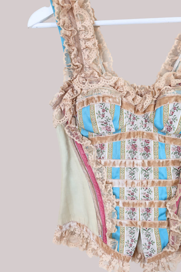 Vintage Handmade Boned Corset Top - Lacy Velvet Ribbons - XS by All About Audrey