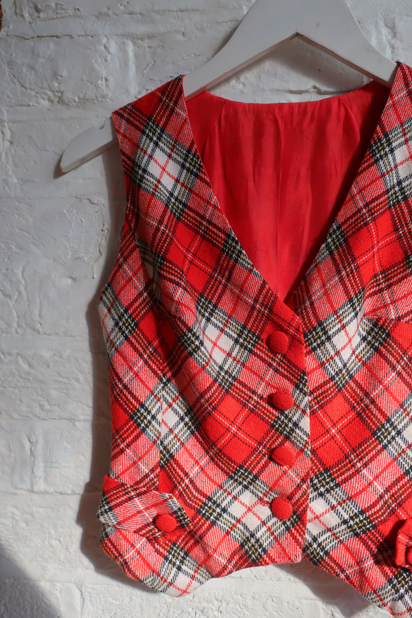 Vintage Waistcoat - Ruby Tartan - Size XXS