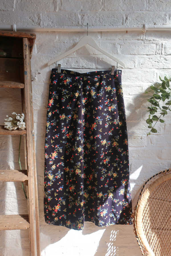 Vintage Maxi Skirt - Navy Blue Blossom Cord - Size S/M
