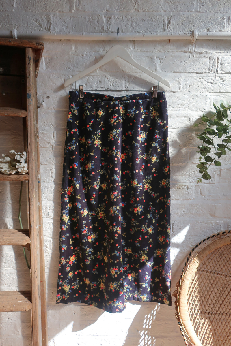 Vintage Maxi Skirt - Navy Blue Blossom Cord - Size S/M