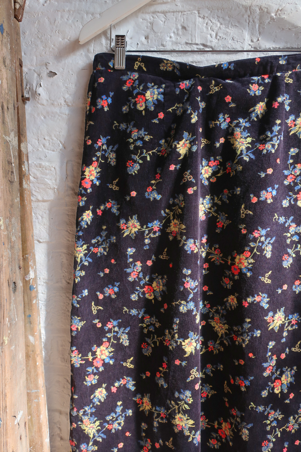 Vintage Maxi Skirt - Navy Blue Blossom Cord - Size S/M