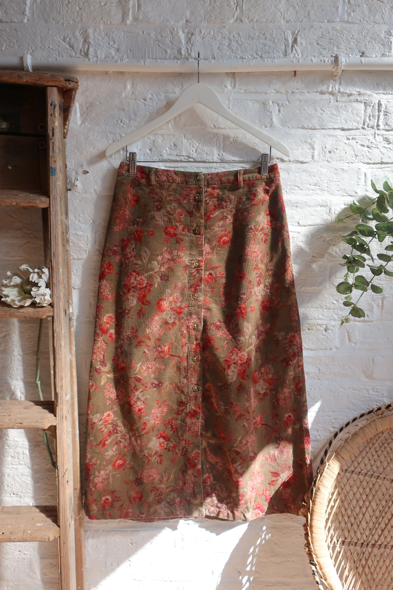 Vintage Maxi Skirt - Forest Floor Green Cord - Size S