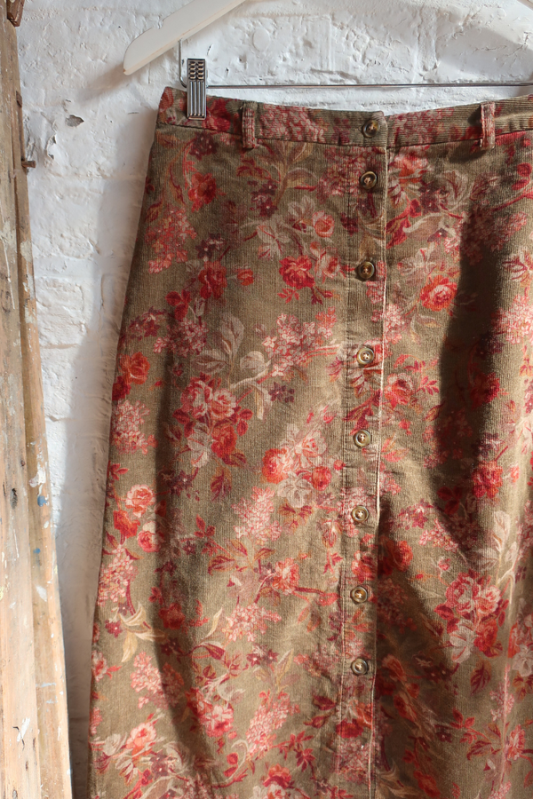 Vintage Maxi Skirt - Forest Floor Green Cord - Size S