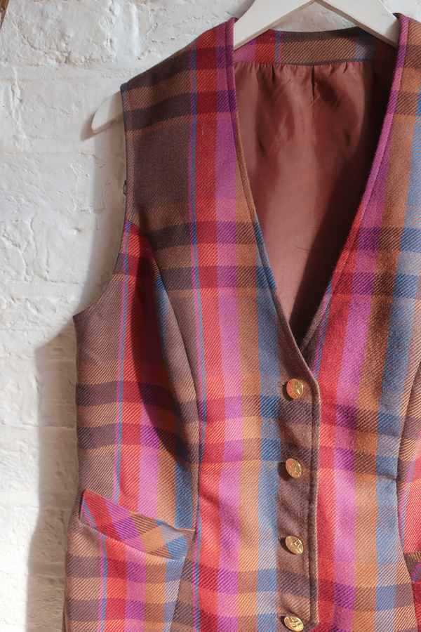 Vintage Waistcoat - Plum Plaid - Size L