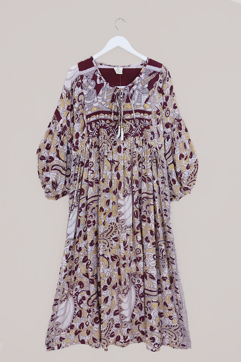 SALE Daisy Maxi Smock Dress - Vintage Purple & Ivory Peacock Floral Print - Vintage Cotton - Size M/L