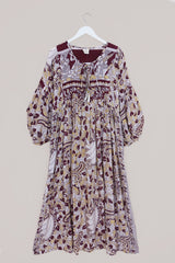 SALE Daisy Maxi Smock Dress - Vintage Purple & Ivory Peacock Floral Print - Vintage Cotton - Size M/L
