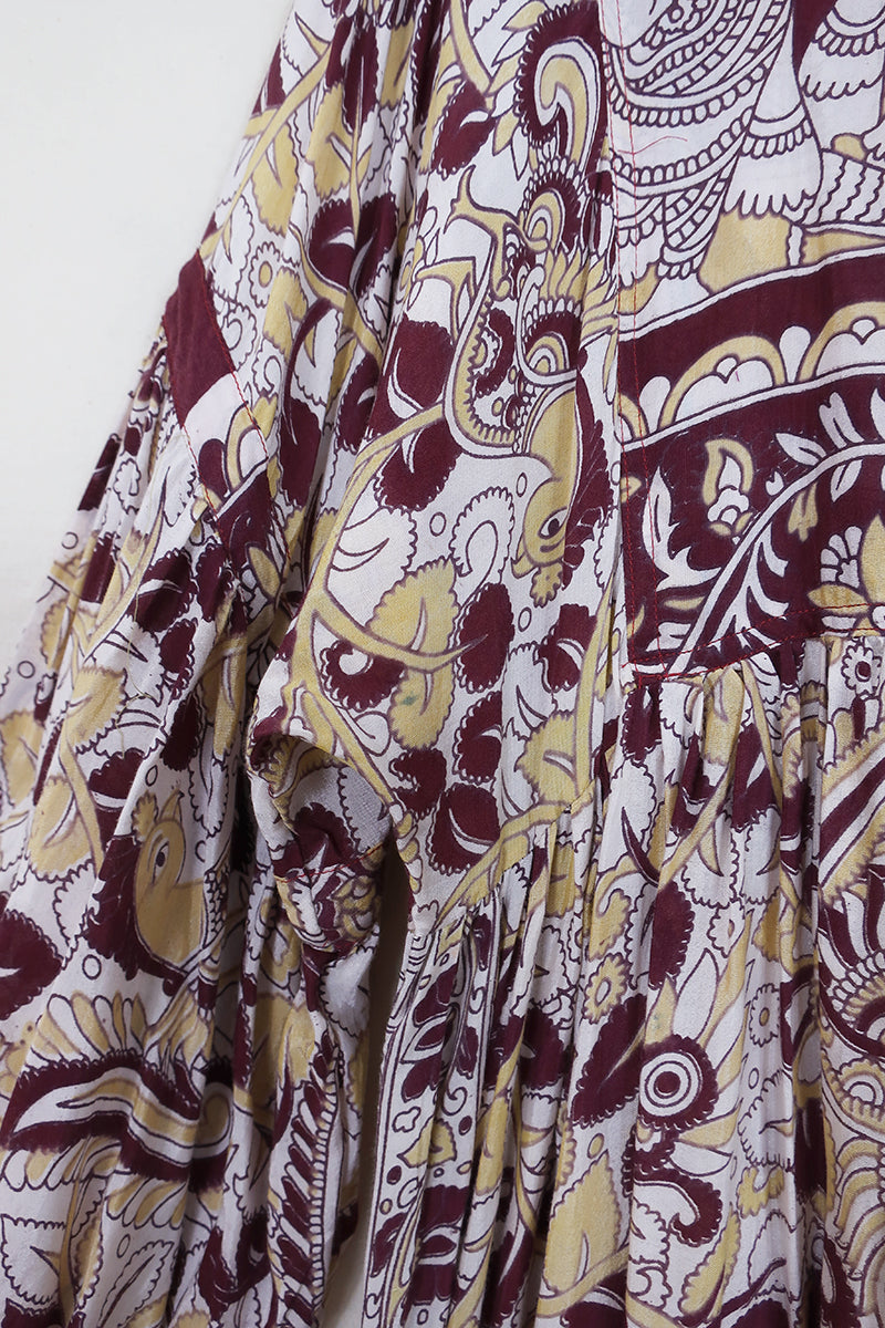 SALE Daisy Maxi Smock Dress - Vintage Purple & Ivory Peacock Floral Print - Vintage Cotton - Size M/L