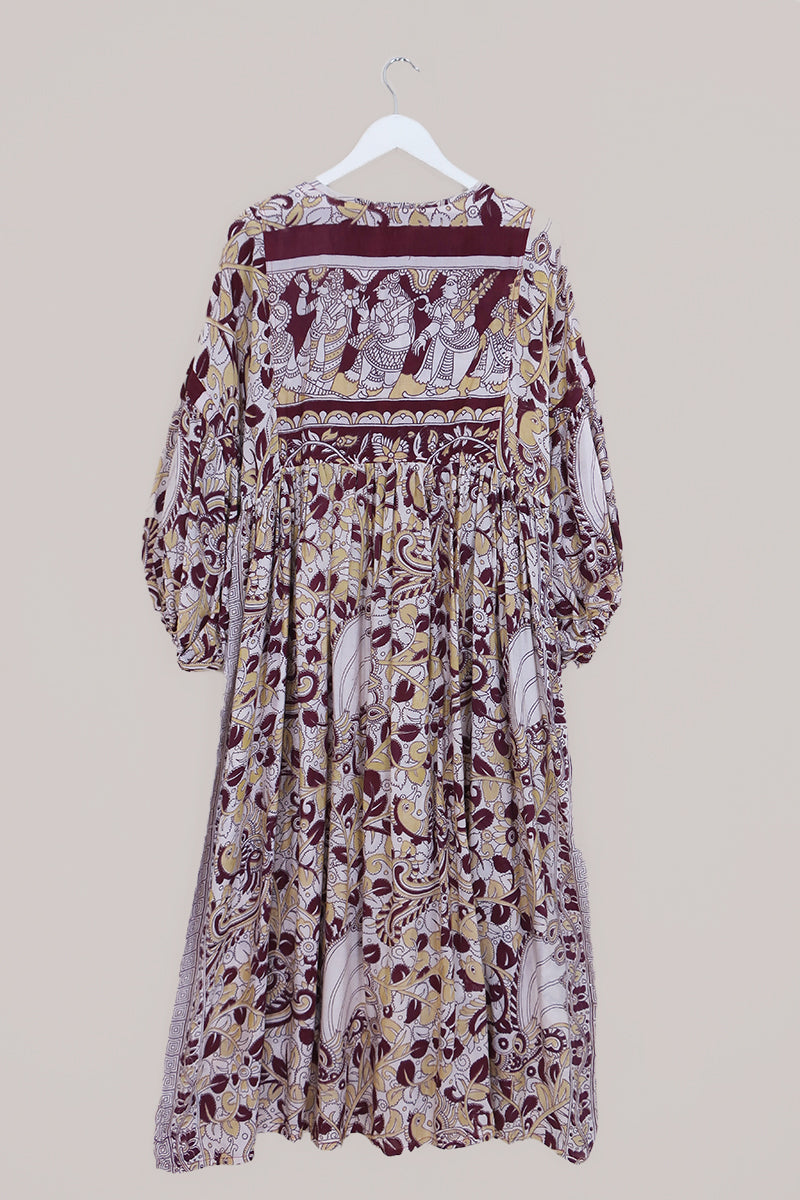 SALE Daisy Maxi Smock Dress - Vintage Purple & Ivory Peacock Floral Print - Vintage Cotton - Size M/L