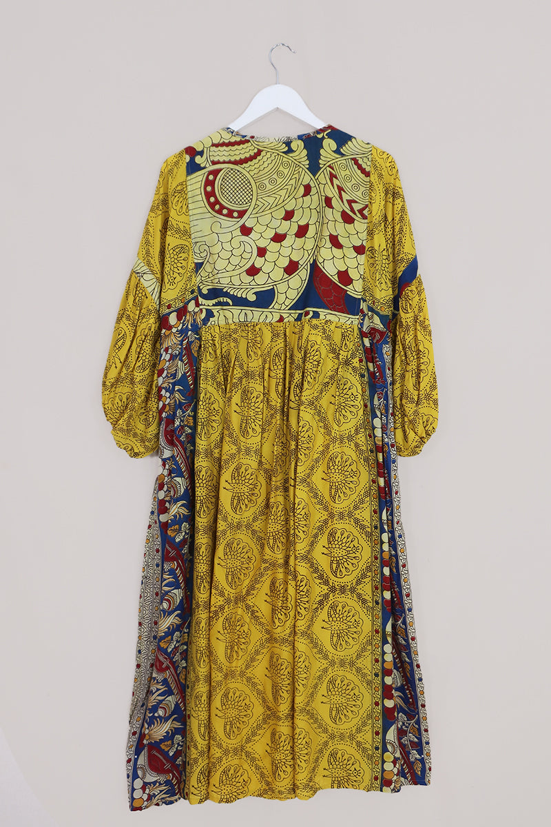 Daisy Maxi Smock Dress - Zesty Yellow Peacock Block Print - Vintage Cotton - Size M/L by All About Audrey