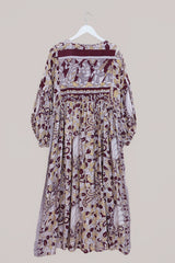 SALE Daisy Maxi Smock Dress - Vintage Purple & Ivory Peacock Floral Print - Vintage Cotton - Size M/L