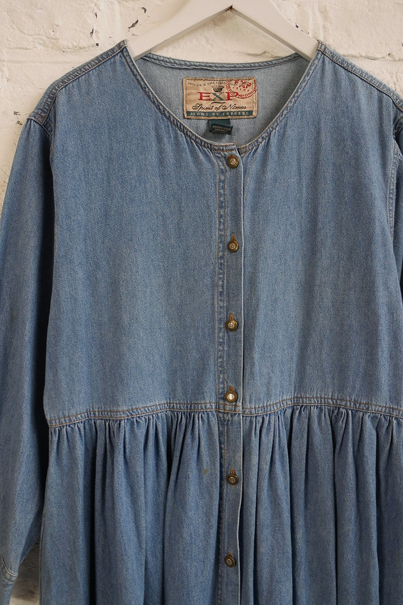 denim smock dress uk Denim Floral Print Denim Smock Dress