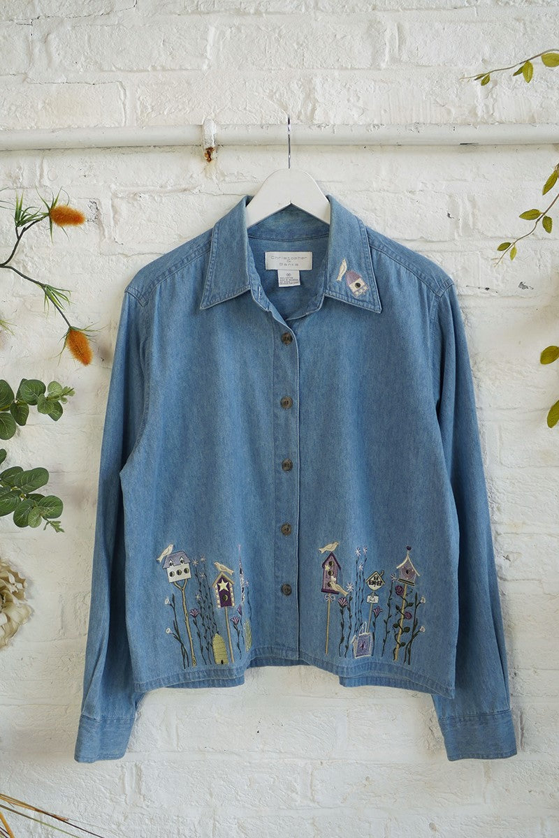 Vintage Denim Shirt - Birdhouse Embroidery - Free Size M