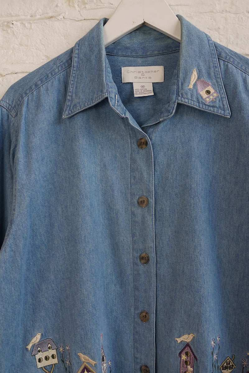 Vintage Denim Shirt - Birdhouse Embroidery - Free Size M