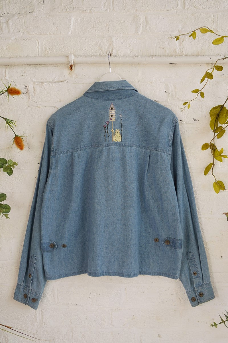 Vintage Denim Shirt - Birdhouse Embroidery - Free Size M