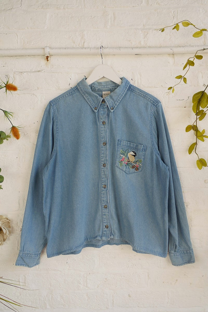Vintage Denim Shirt - Chickadee Bird Embroidery - Free Size