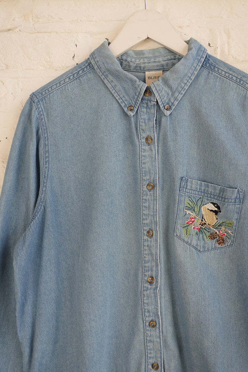 Vintage Denim Shirt - Chickadee Bird Embroidery - Free Size
