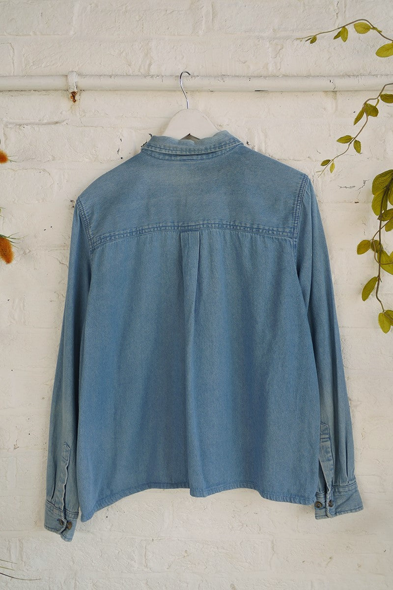 Vintage Denim Shirt - Chickadee Bird Embroidery - Free Size